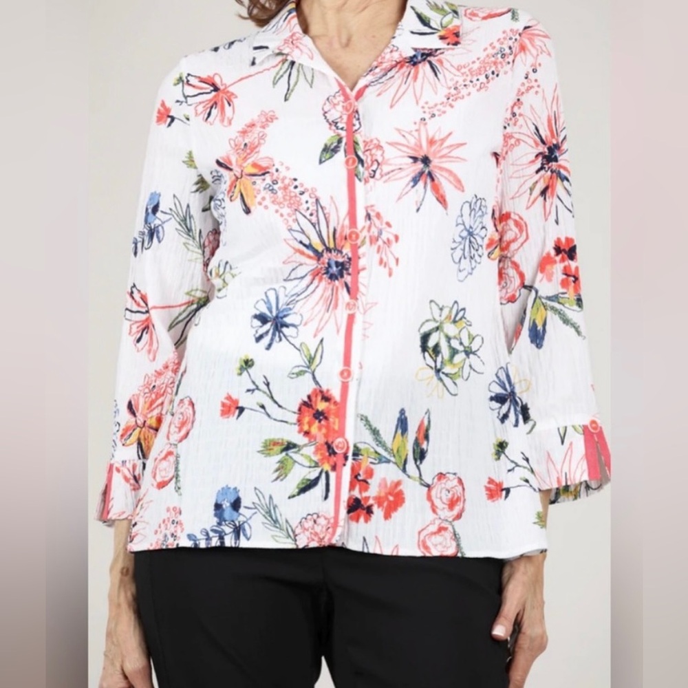 Habitat large floral button down shirt blouse tunic white orange blue - Picture 3 of 11